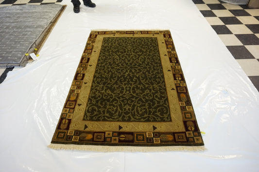 Traditional Green 36 4x6 Hand Knotted Area Rug from India