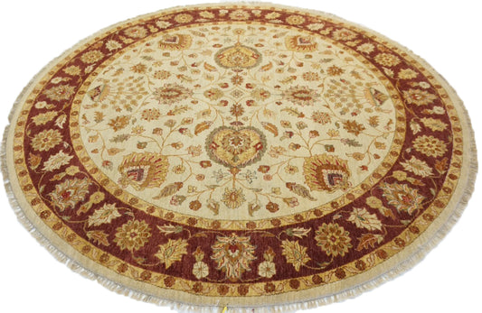 Traditional Beige A-63 8ft Round Hand Knotted Area Rug from India
