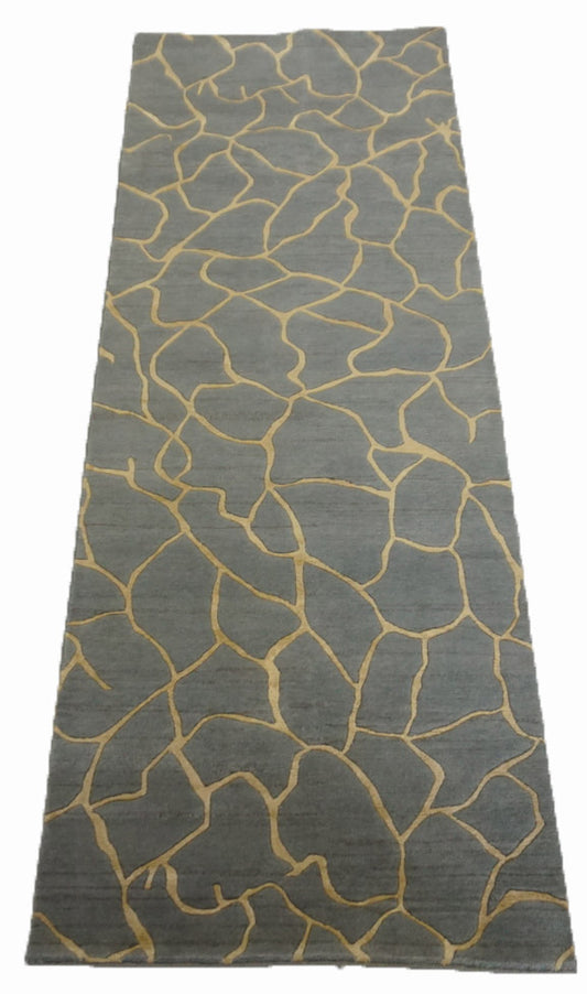 Traditional L.Blue CRACK 8ft Runner Hand Knotted Area Rug from India