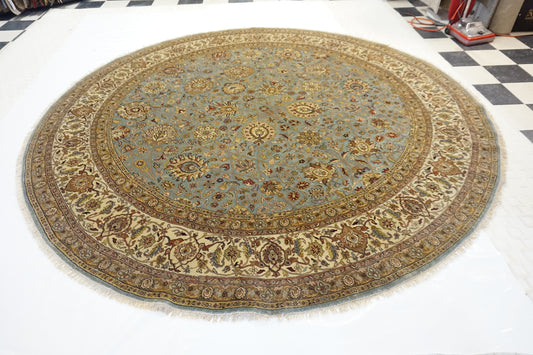 Traditional L.Blue 105 10ft Round Hand Knotted Area Rug from India