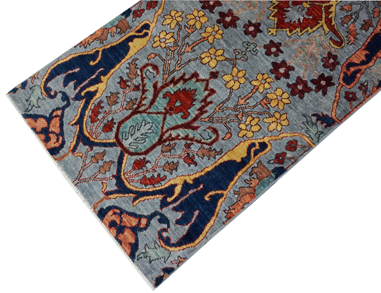 Modern Grey SERAPI 12ft Runner Hand Knotted Area Rug from Afghanistan