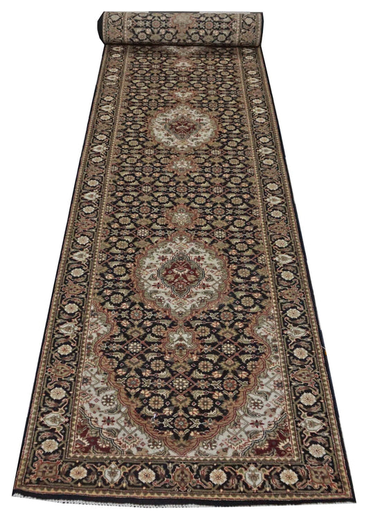 Traditional Black MAHI 10ft Runner Hand Knotted Area Rug from India