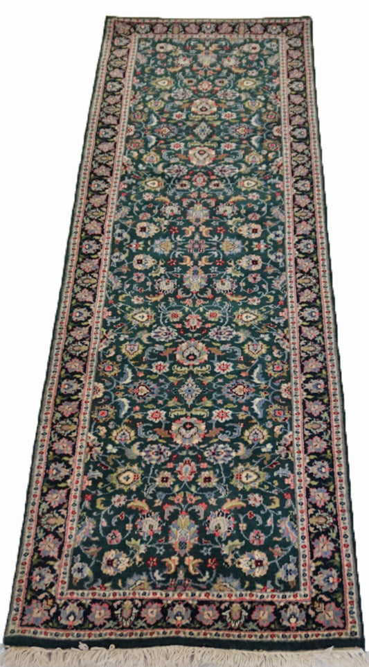 Modern Green KASHAN 8ft Runner Flat Weave Area Rug from Afghanistan