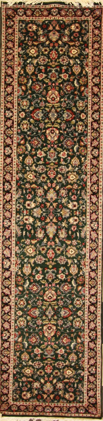 Traditional Green KASHAN 10ft Runner Hand Knotted Area Rug from India