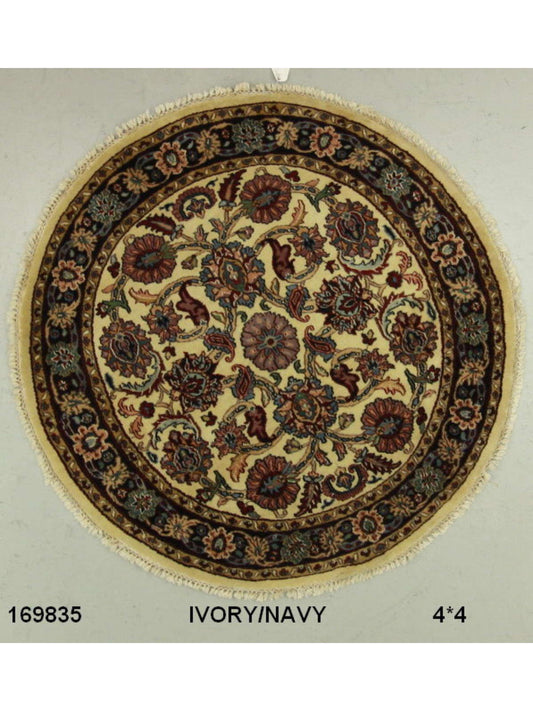Traditional Ivory SK 4ft Round Hand Knotted Area Rug from India