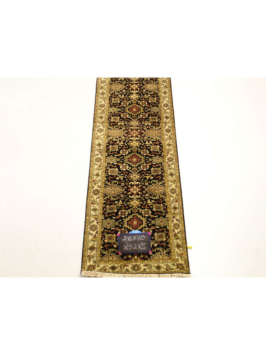 Traditional Black P-2 10ft Runner Hand Knotted Area Rug from India