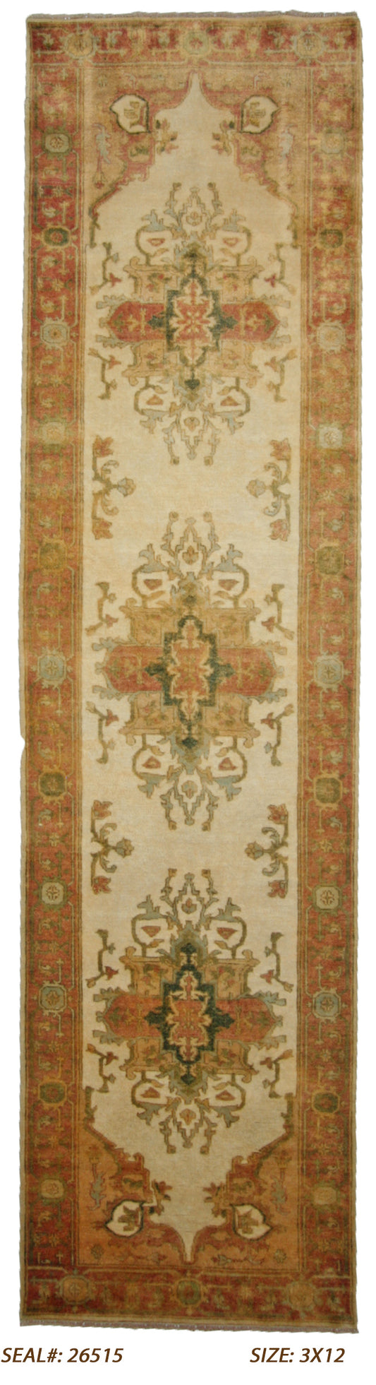 Traditional Beige 635 12ft Runner Hand Knotted Area Rug from India