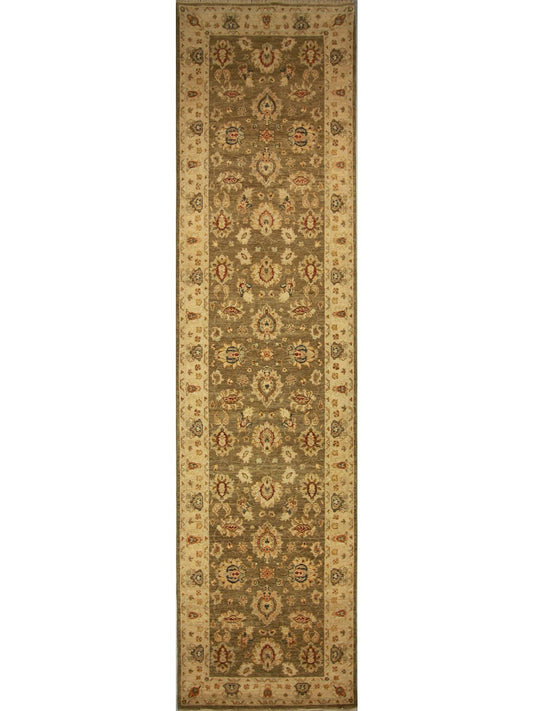 Traditional Olive A-133 12ft Runner Hand Knotted Area Rug from India