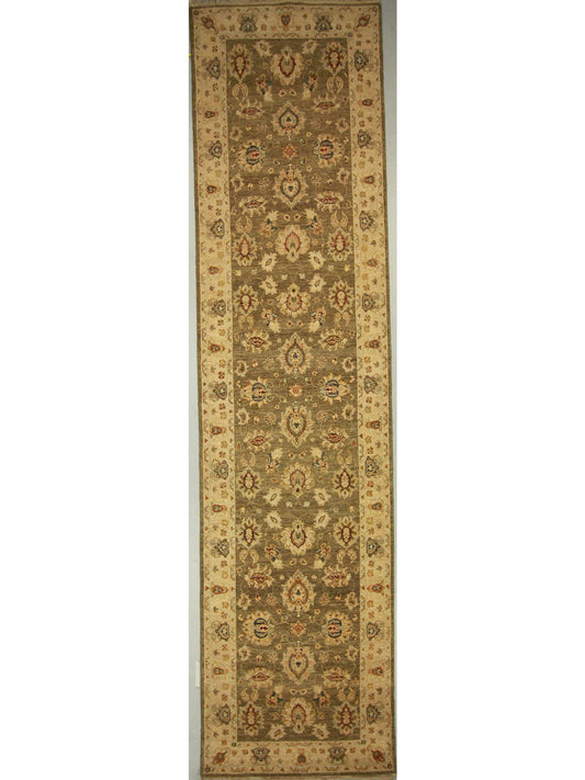 Traditional Olive A-133 12ft Runner Hand Knotted Area Rug from India