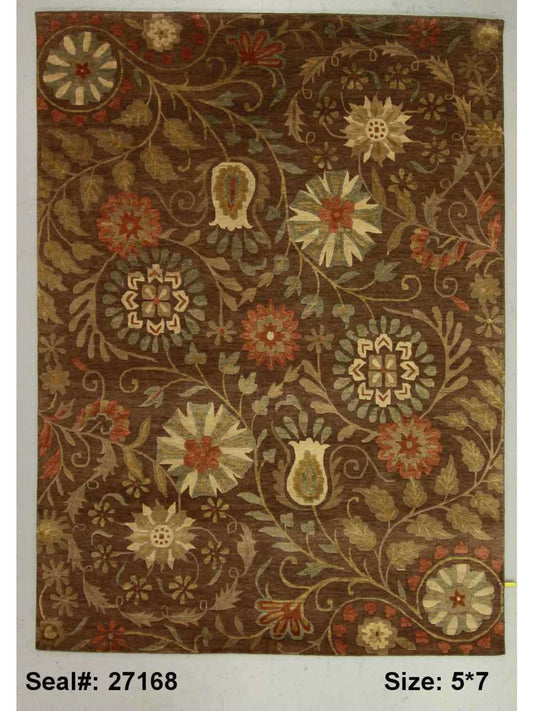 Modern Brown MODERN FLOWER 5x7 Hand Knotted Area Rug from India