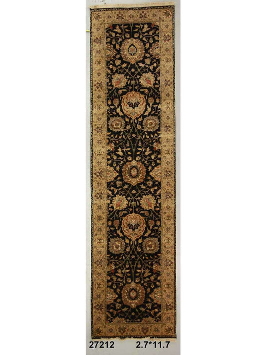Traditional Black PF-10 12ft Runner Hand Knotted Area Rug from India
