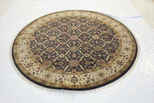 Traditional Black 1110 6ft Round Hand Knotted Area Rug from India