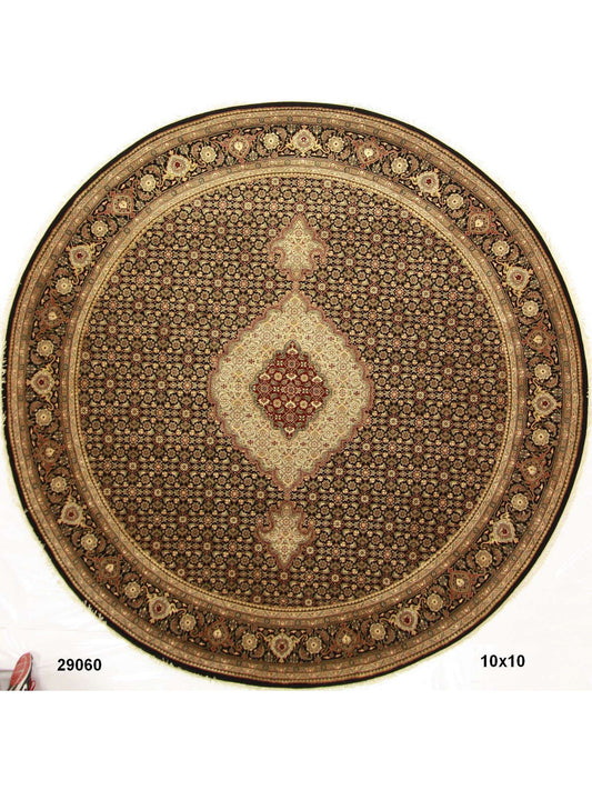 Traditional Black MAHI TABRIZ 10ft Round Hand Knotted Area Rug from India