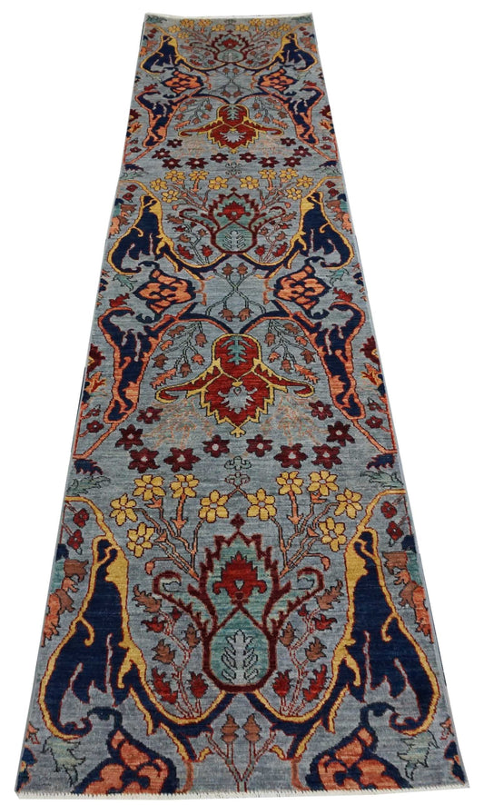 Modern Grey SERAPI 12ft Runner Hand Knotted Area Rug from Afghanistan