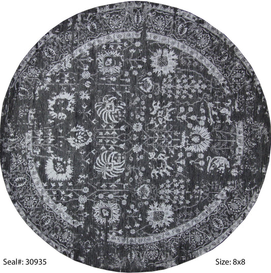 Modern Charcoal ERASED 8ft Round Hand Knotted Area Rug from India