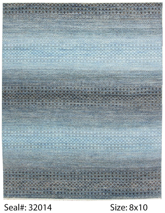 Modern L.Blue RAINBOW 8x10 Hand Knotted Area Rug from India