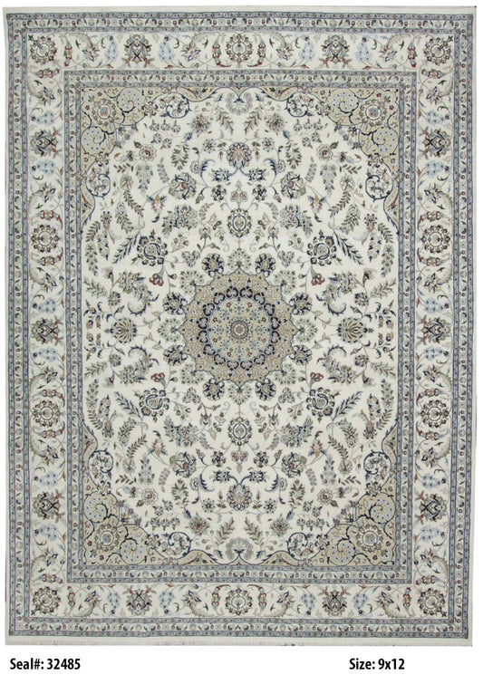 Traditional Ivory NAIN 9x12 Hand Knotted Area Rug from India